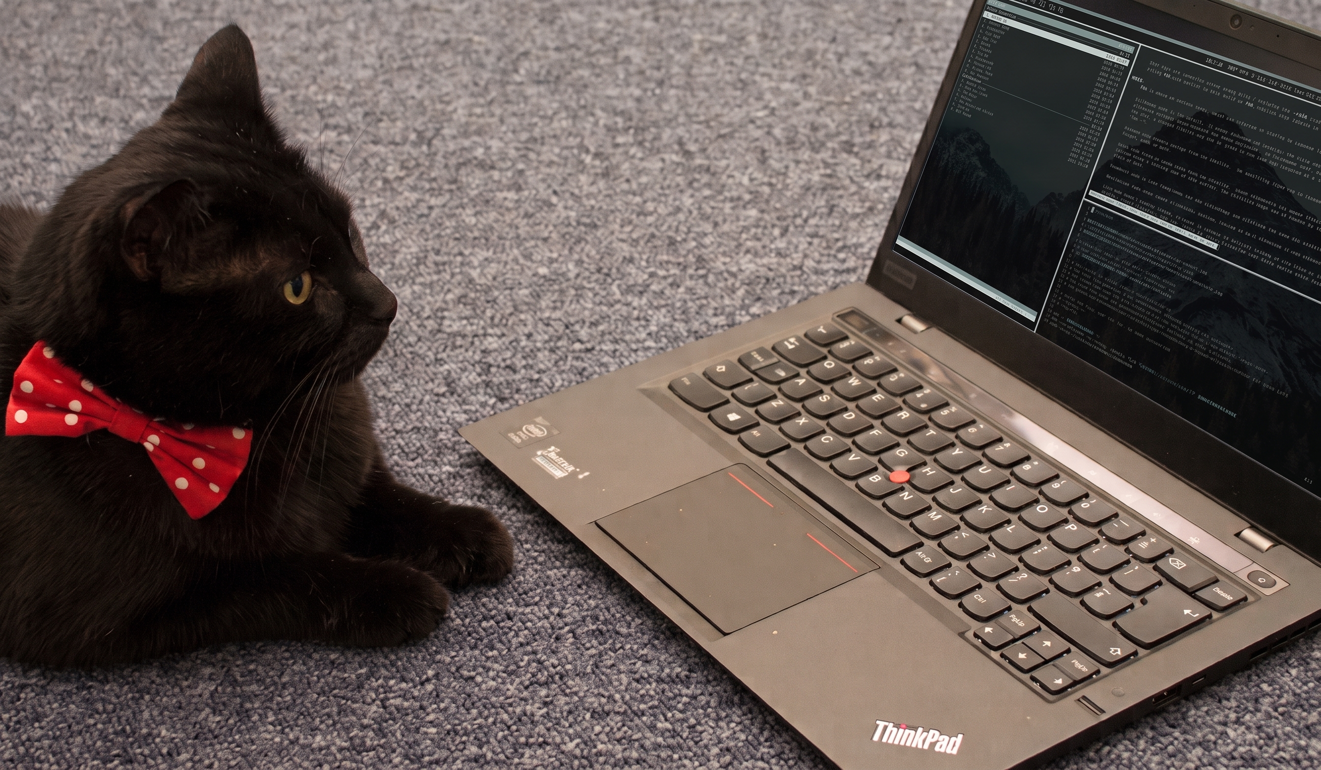Gladstone, a black cat wearing a bow tie, lying beside an open ThinkPad showing a tiled Linux desktop
